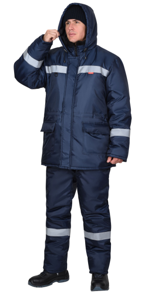 Куртка "БРИГАДИР" зимняя, синяя с СОП, мех. ворот, капюшон (утеплитель 600 гр)